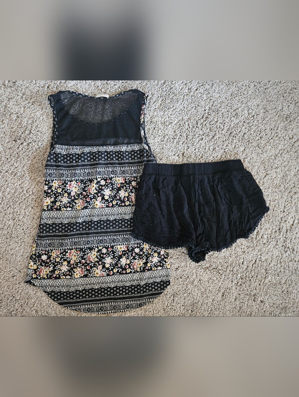 Womens Medium Floral Black Stripe Tank with Black Ruffle Shorts Set